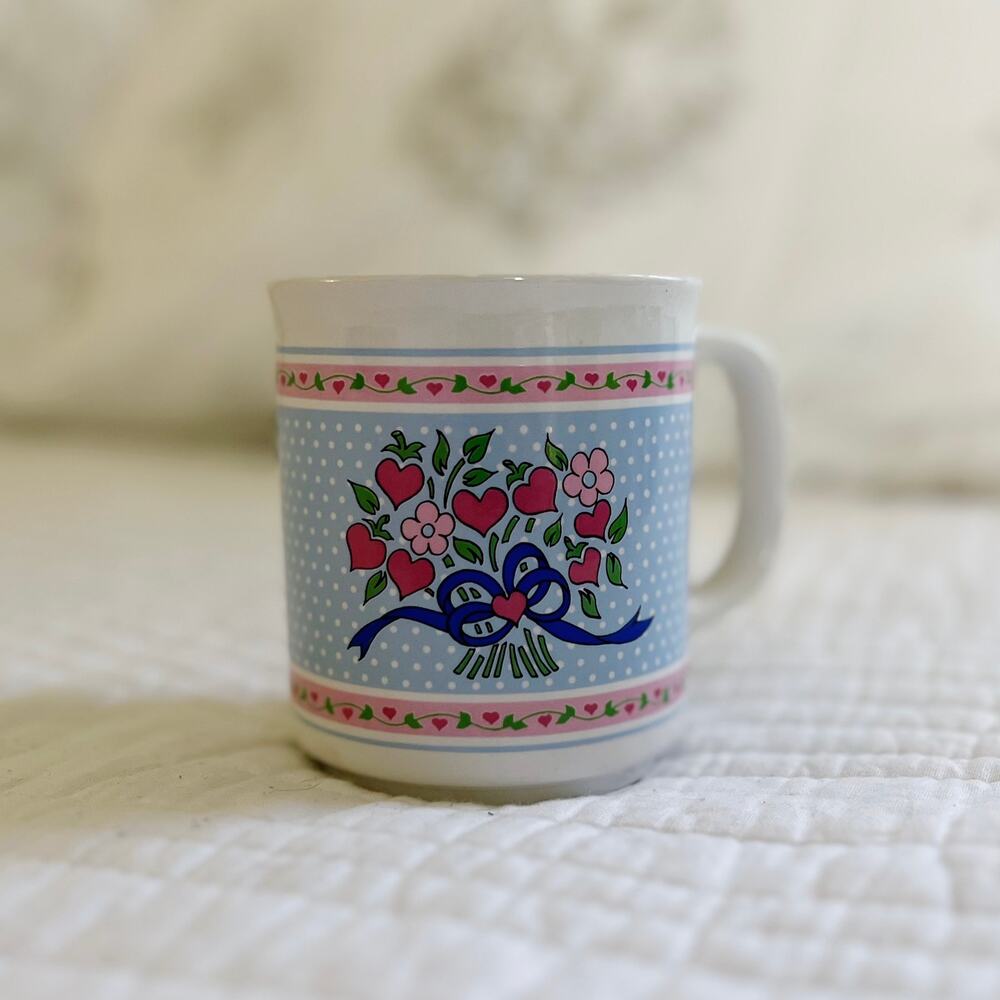 Vintage 80s Giftco Blue Pink Floral Bouquet Coffee Mug 8oz Cup Flower Heart